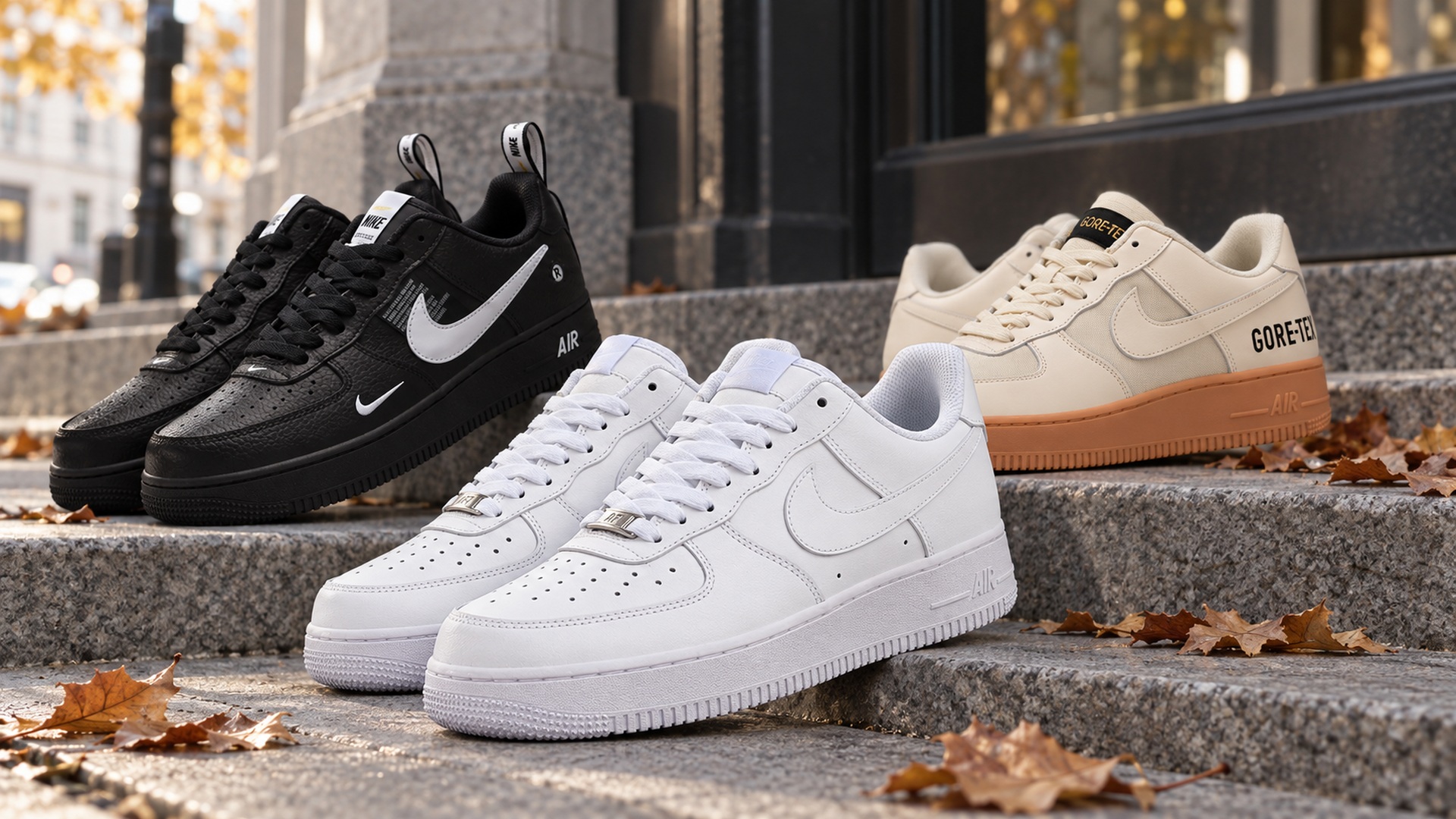 Повседневные Nike Air Force 1 разных версий на городских ступенях осенью